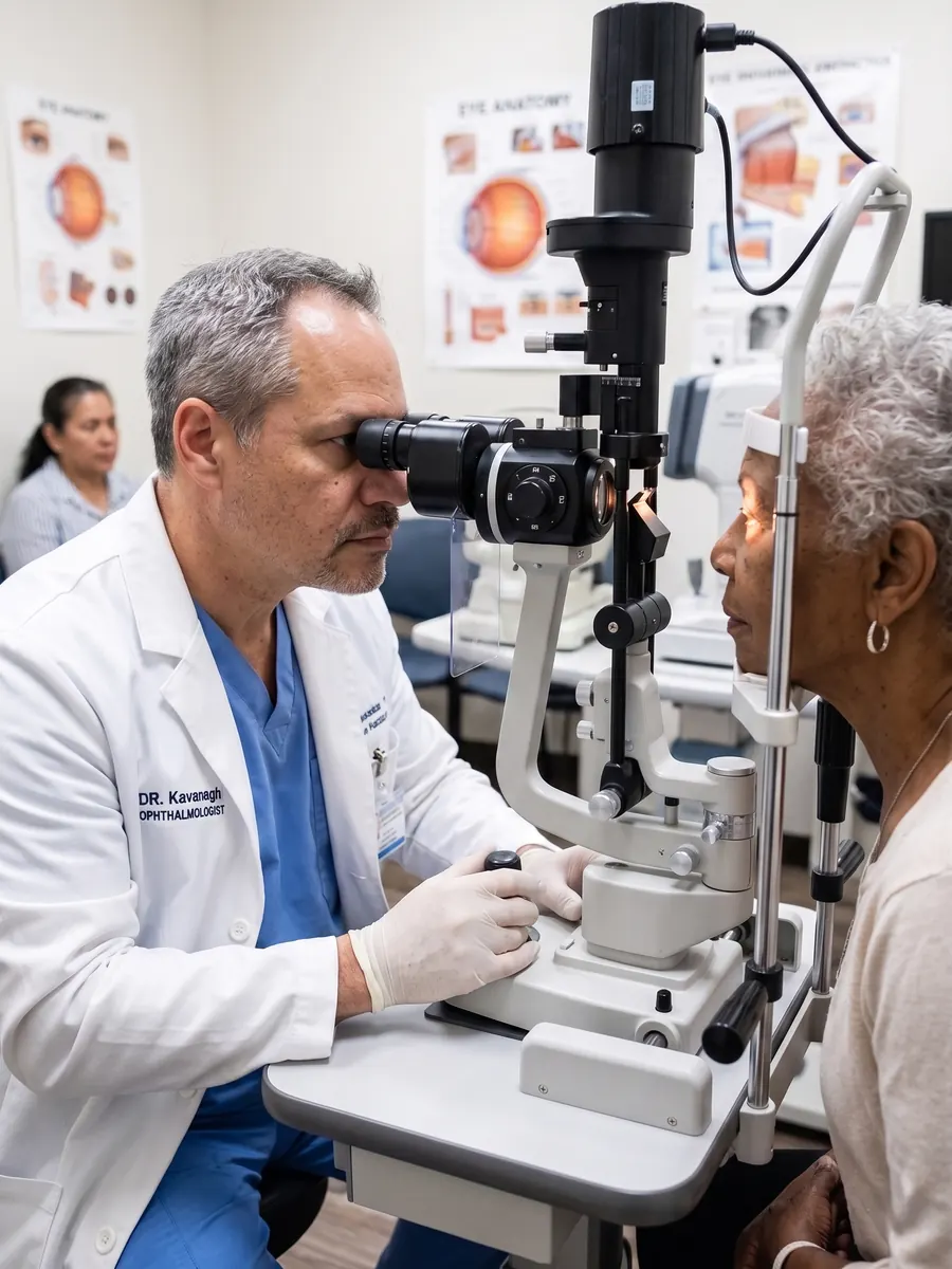 Dr. Kavanagh examining a patient's eyes with a slit lamp